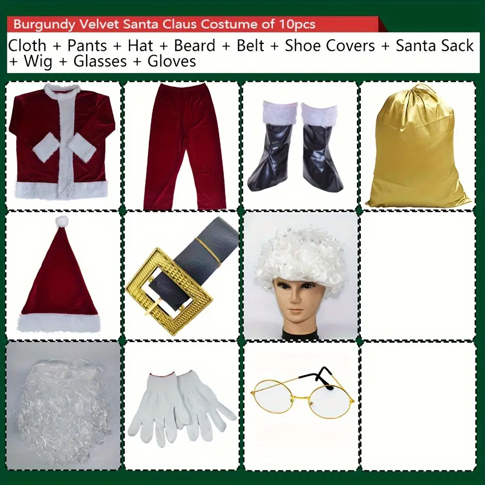 Costume Père Noël velours bordeaux – ensemble 10 pièces élégant et complet – Image 5