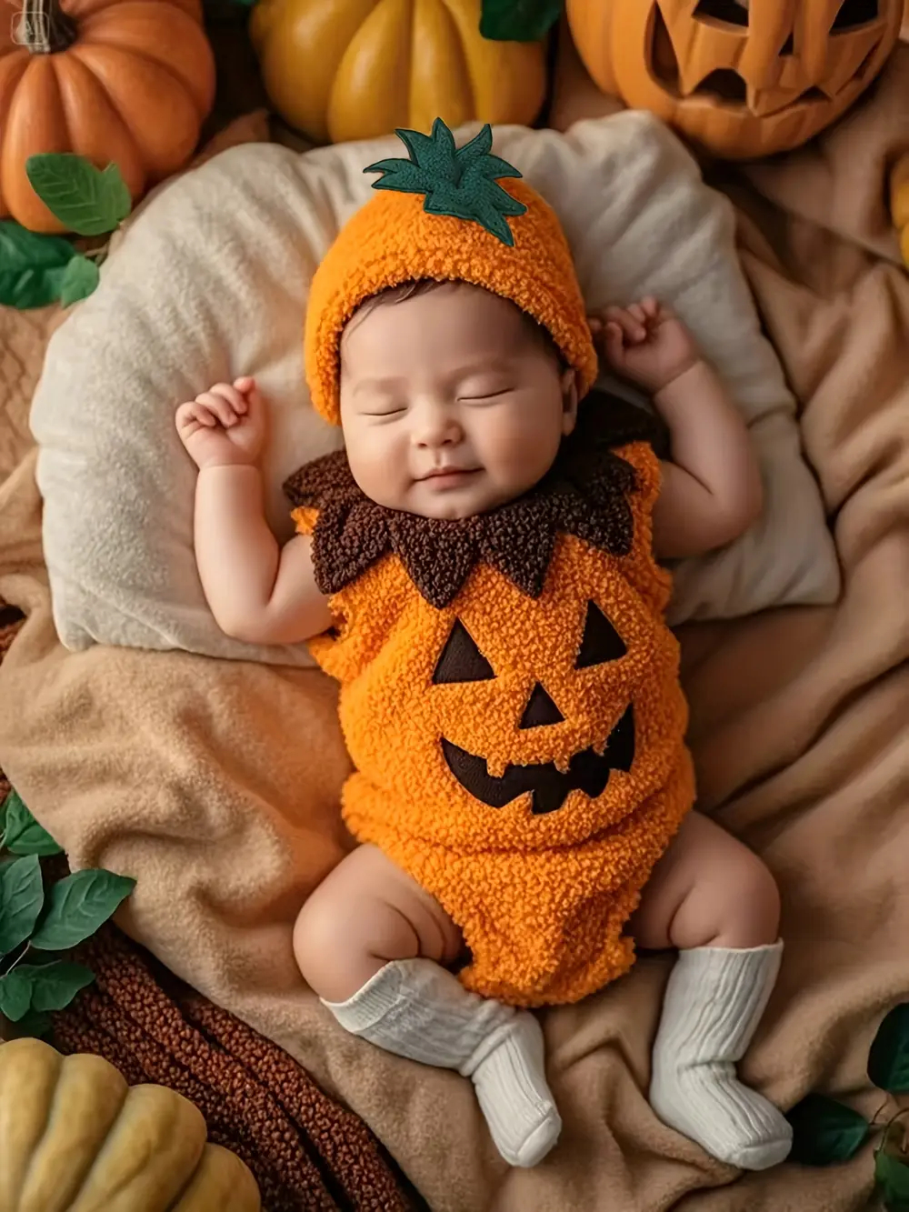 Déguisement bébé citrouille en peluche – ensemble 2 pièces avec chapeau amusant