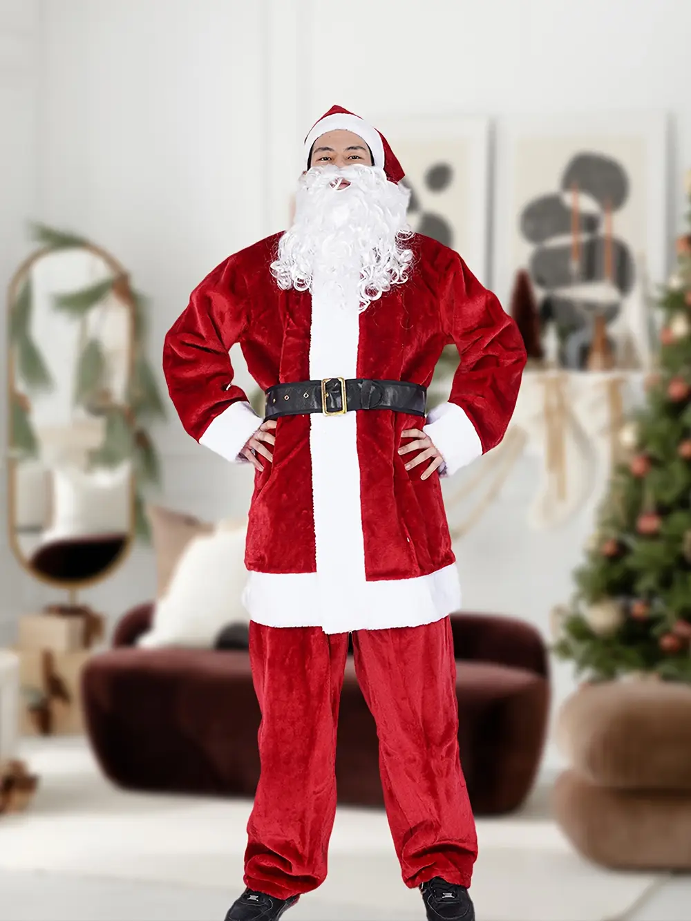 Déguisement Père Noël 4 pièces ultra-épais – Chapeau, haut, pantalon, ceinture – Image 4