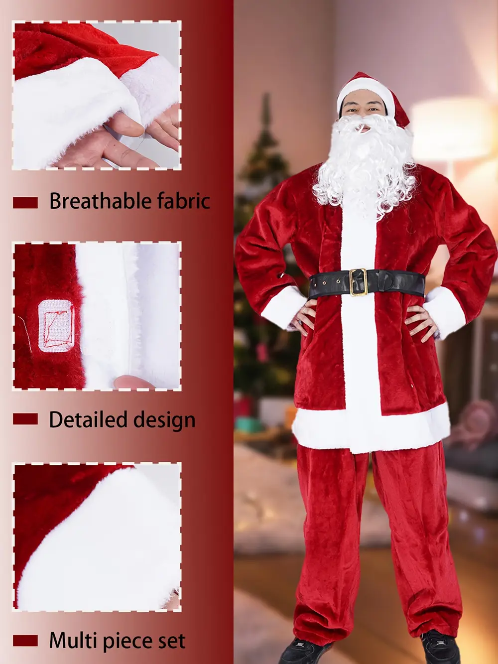 Déguisement Père Noël 4 pièces ultra-épais – Chapeau, haut, pantalon, ceinture – Image 5