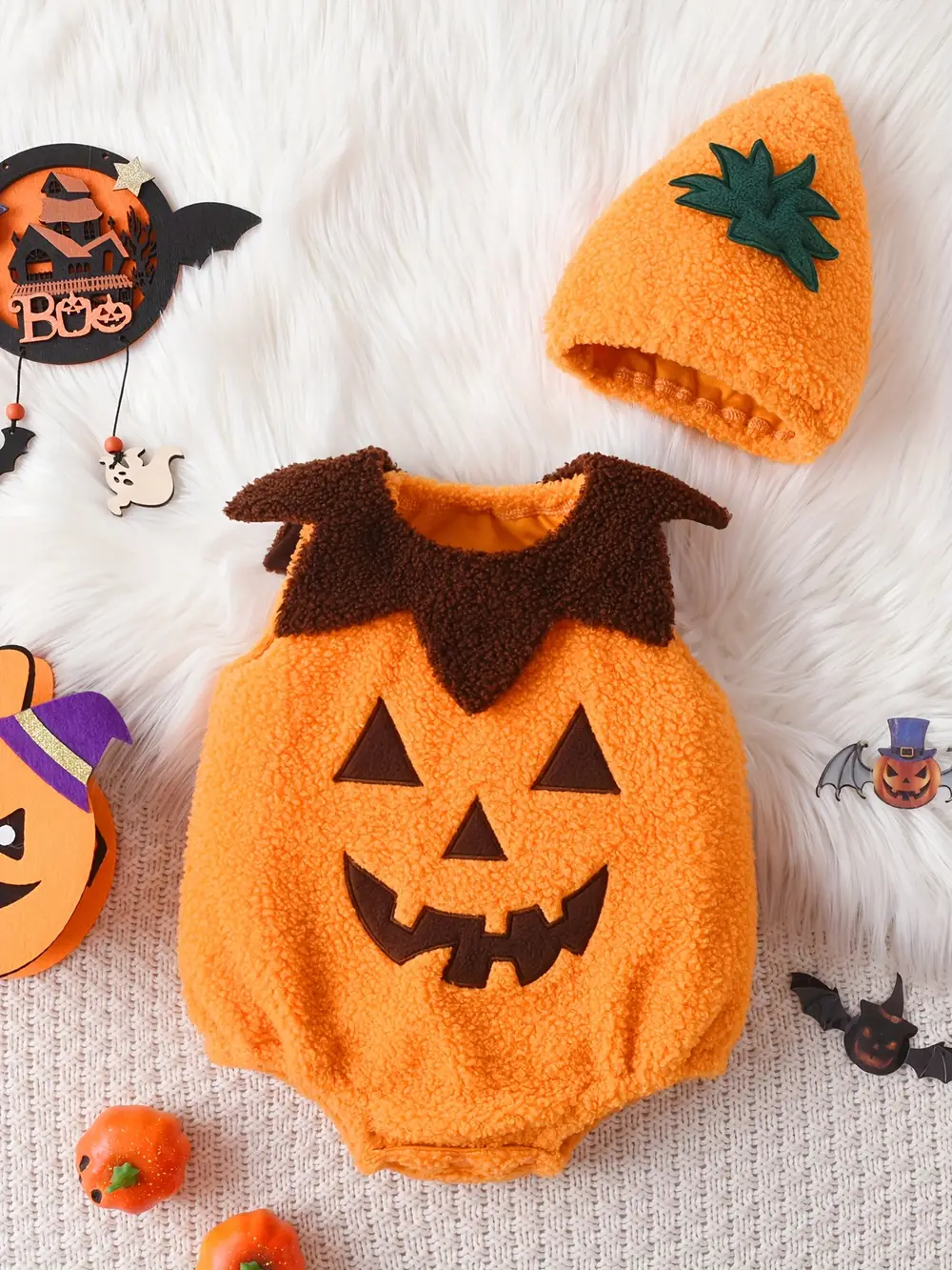 Déguisement bébé citrouille en peluche – ensemble 2 pièces avec chapeau amusant – Image 2