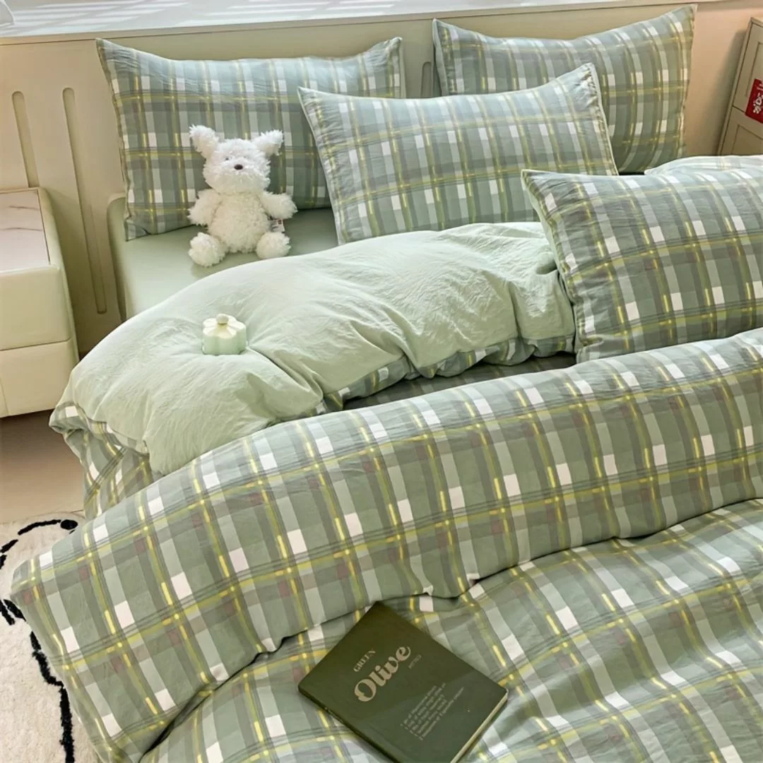 Parure de lit carreaux verts apaisants – Ambiance zen et naturelle pour un sommeil réparateur – Image 3