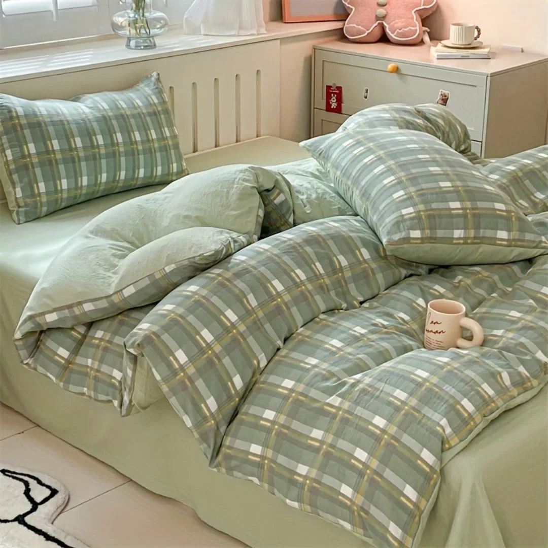 Parure de lit carreaux verts apaisants – Ambiance zen et naturelle pour un sommeil réparateur – Image 6