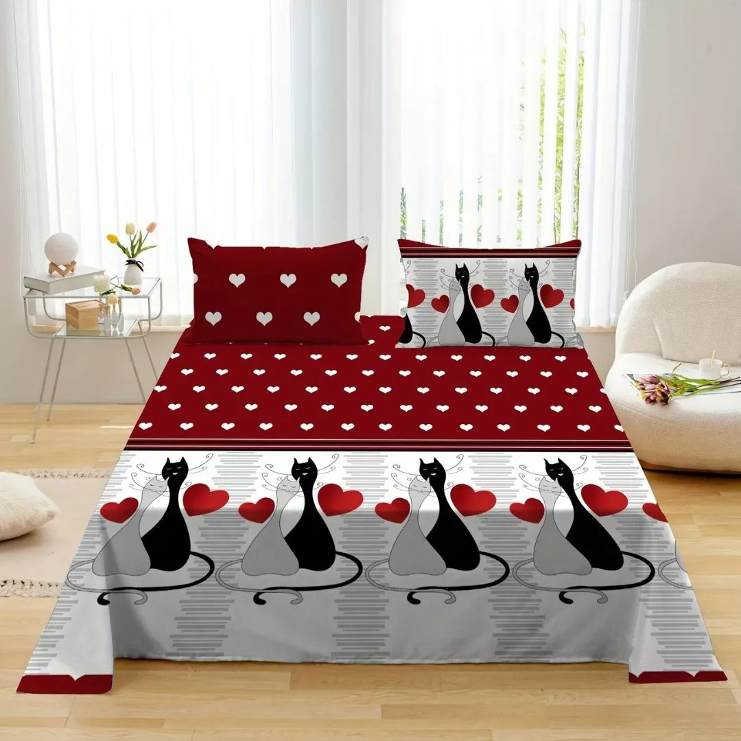 Parure de lit chats amoureux graphiques – Housse douce et stylée pour chambre cosy et romantique