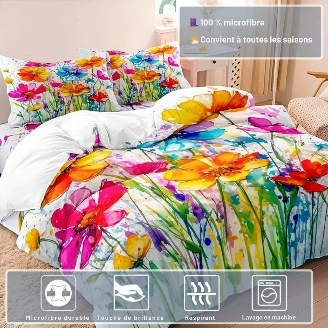 Parure de lit fleurs aquarelle éclatantes – Ambiance florale chic et colorée pour chambre lumineuse et apaisante – Image 3