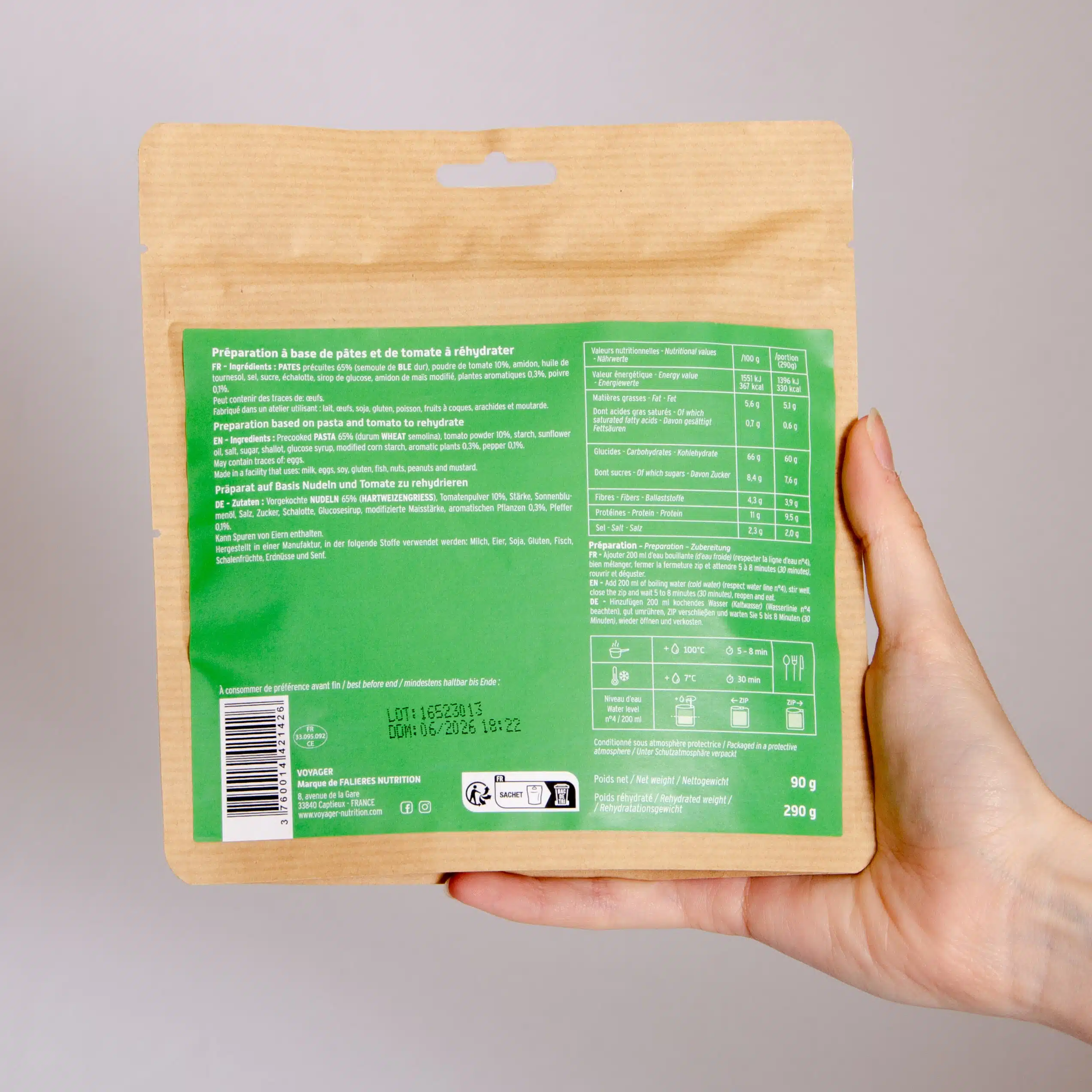 Plat lyophilisé écologique bivouac randonnée – Pâtes sauce tomate Provençale 90 g – Voyager – Image 3